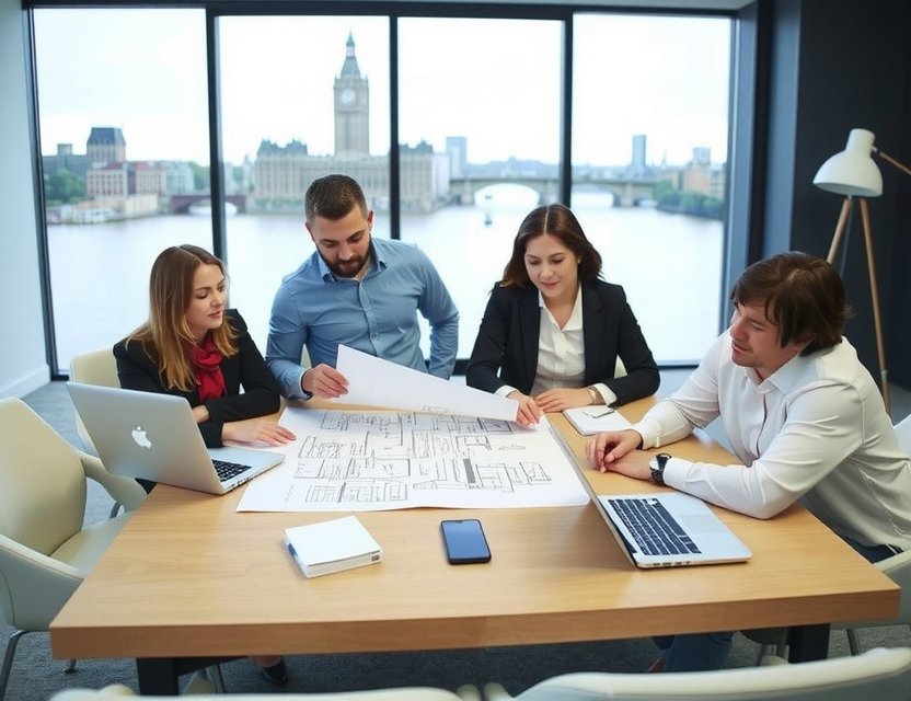 Project management team reviewing blueprints